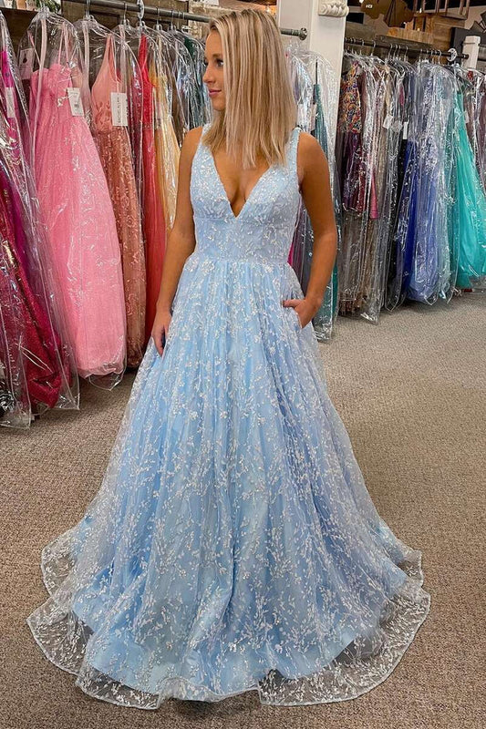 Princess  Lace V-Neck Backless A-Line Prom Gown
