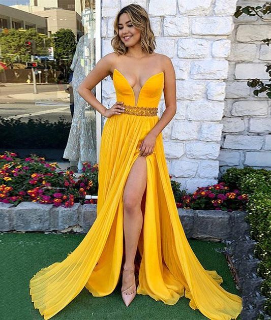 A Line V Neck High Split Yellow Strapless Sweep/Brush Train Long Prom Dress With Sequins