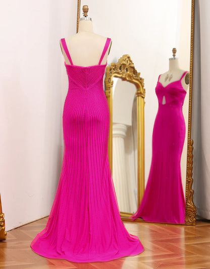 Sparkly Mermaid Hot Pink Prom Dress with Hollow-out