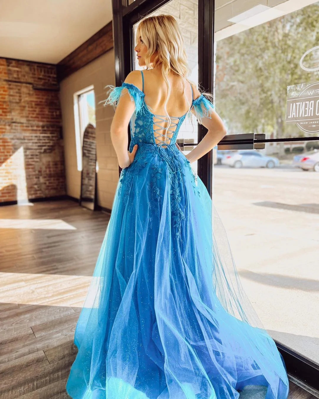 A-line Off The Shoulder Appliqué Long Prom Dress With Feather