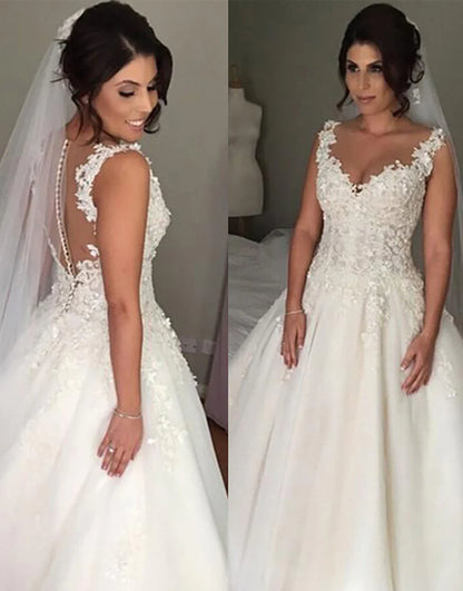 V Neck A Line Long Bridal Dress With Appliques