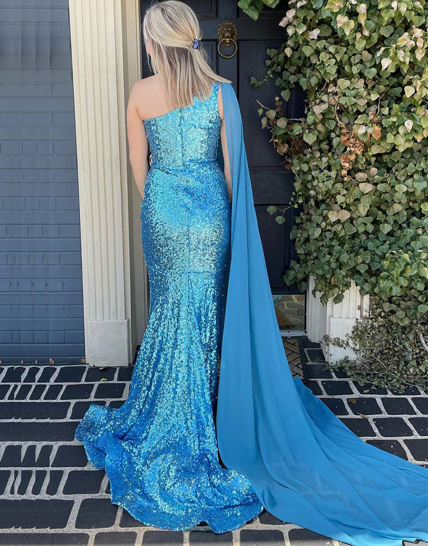 One Shoulder Sequin Prom Dress with Floating Sleeves