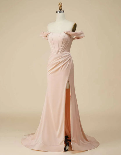 Off the Shoulder Satin Side Slit Long Prom Dress
