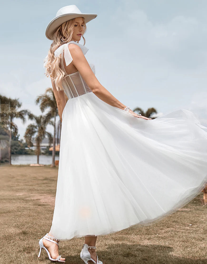 Tulle Corset Tea-Length A Line Wedding Dress