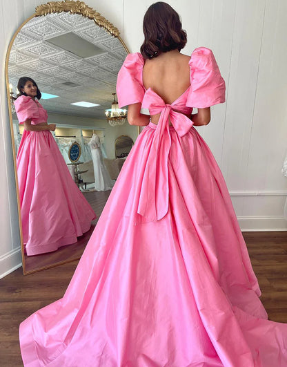A Line Square Bowknot Two Piece Long Prom Dress With Slit