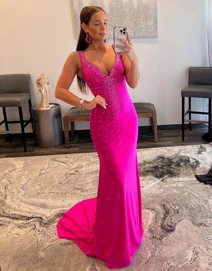 Fuchsia V-Neck Spaghetti Strap Mermaid Prom Dress with Beading