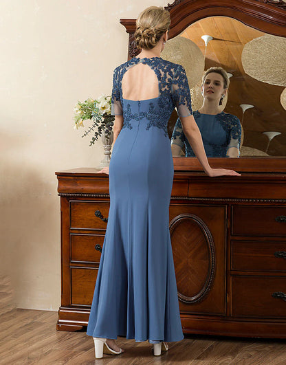 Blue Mermaid Open Back Mother of the Bride Dress with Slit