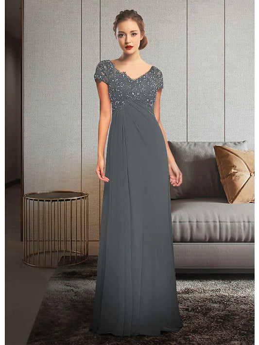 Mother of the Bride Dress Elegant V Neck Floor Length Chiffon Lace Short Sleeve with Sequin Appliques Ruching