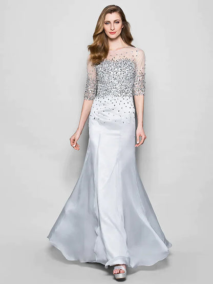 A-Line Mother of the Bride Dress Jewel Neck Floor Length Organza Half Sleeve with Beading Sequin