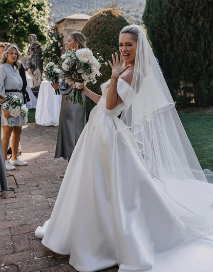 Satin A-Line Off-the-Shoulder Mopping The Floor Wedding Dress