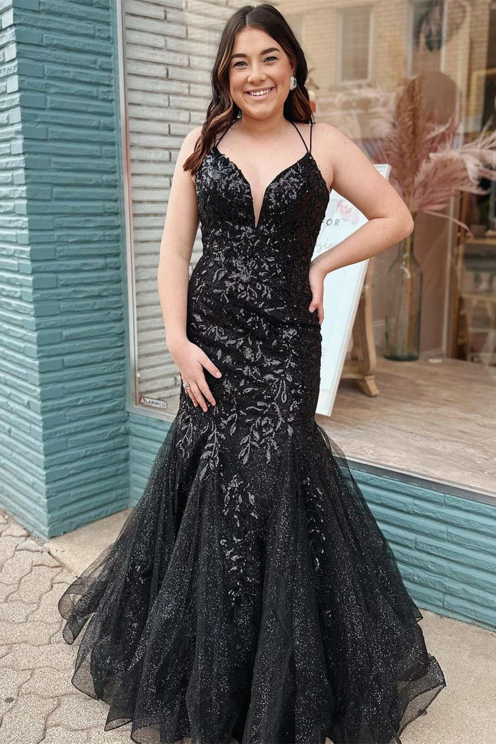 Tulle Applique Plunge V Trumpet Long Prom Dress