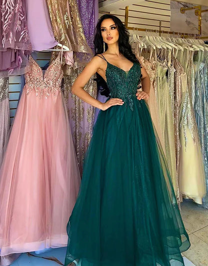 A-Line Tulle Long Prom Dress With Appliques