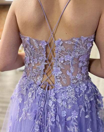 A-Line Tulle Appliques Long Prom Dress With Slit