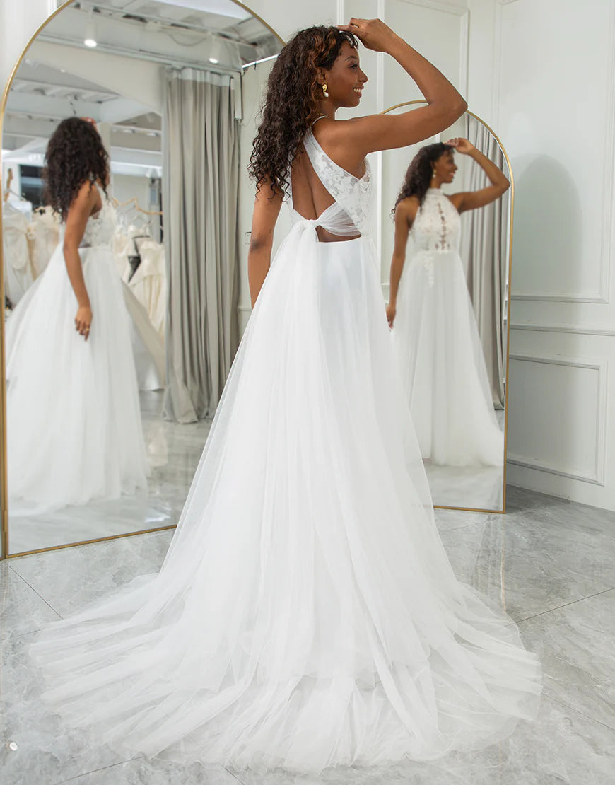 A Line Halter Open Back Wedding Dress