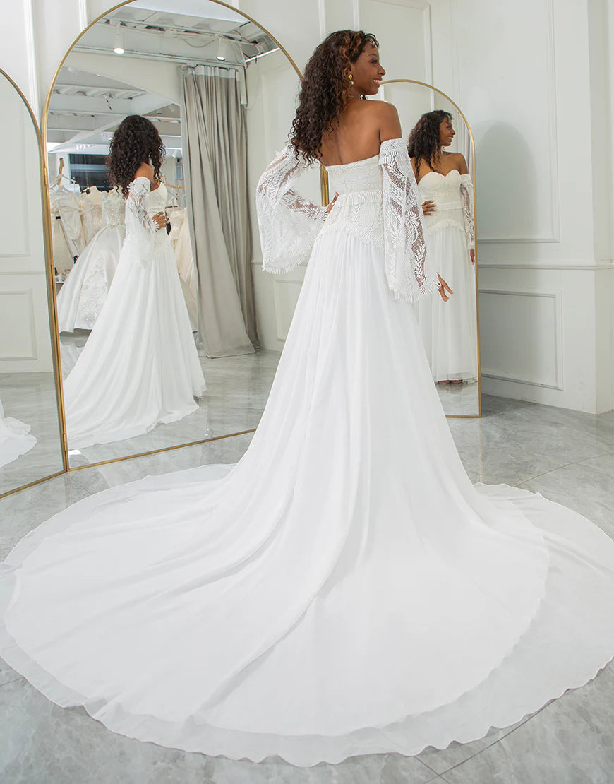 Sweetheart Detachable Flare Sleeves Boho Wedding Dress