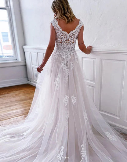 V Neck A Line Tulle Long Bridal Dress