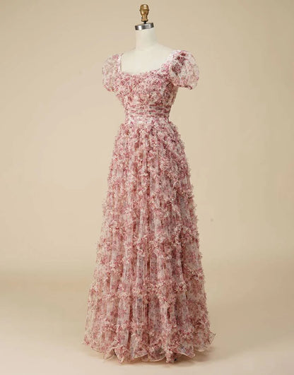 Floral Square Neck Prom Dress with Sleeves