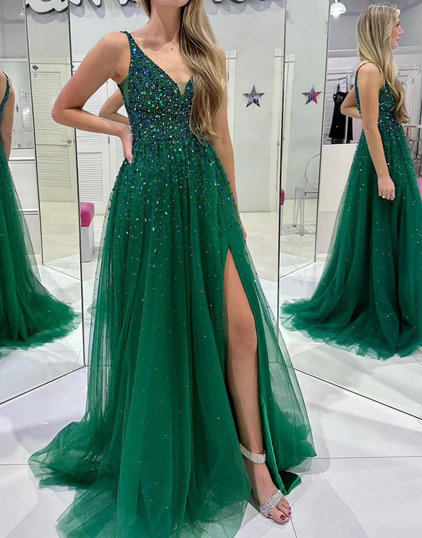 Sequins A Line Long Prom Dress With Appliques