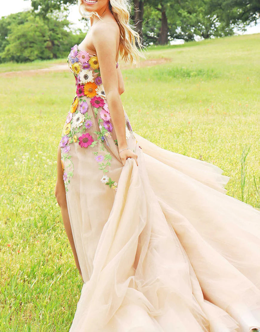 A Line Sweetheart Flower Long Prom Dress With Appliques