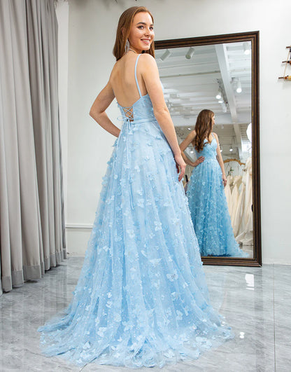 A Line Spaghetti Straps Beaded Prom Dress With Slit