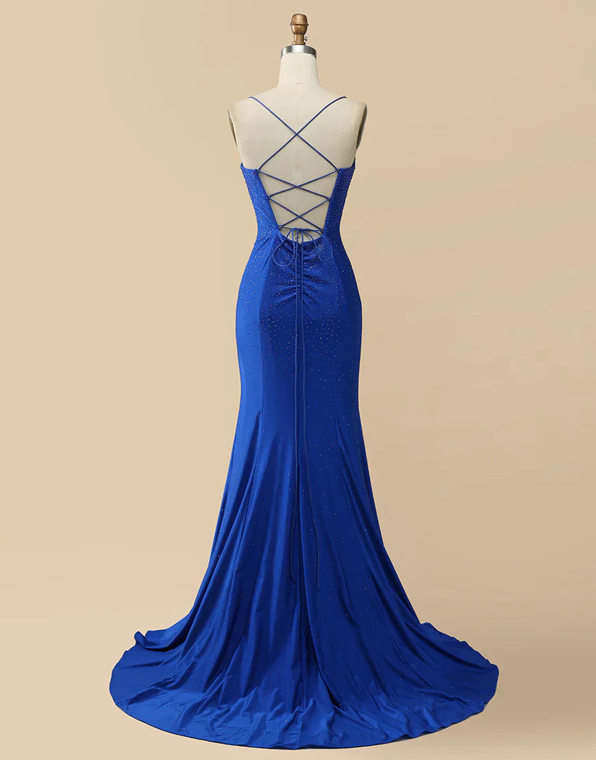 V-neck Beaded Mermaid Long Corset Prom Dress