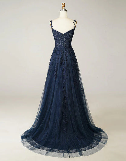 A-line Navy Tulle Prom Dress with Appliques
