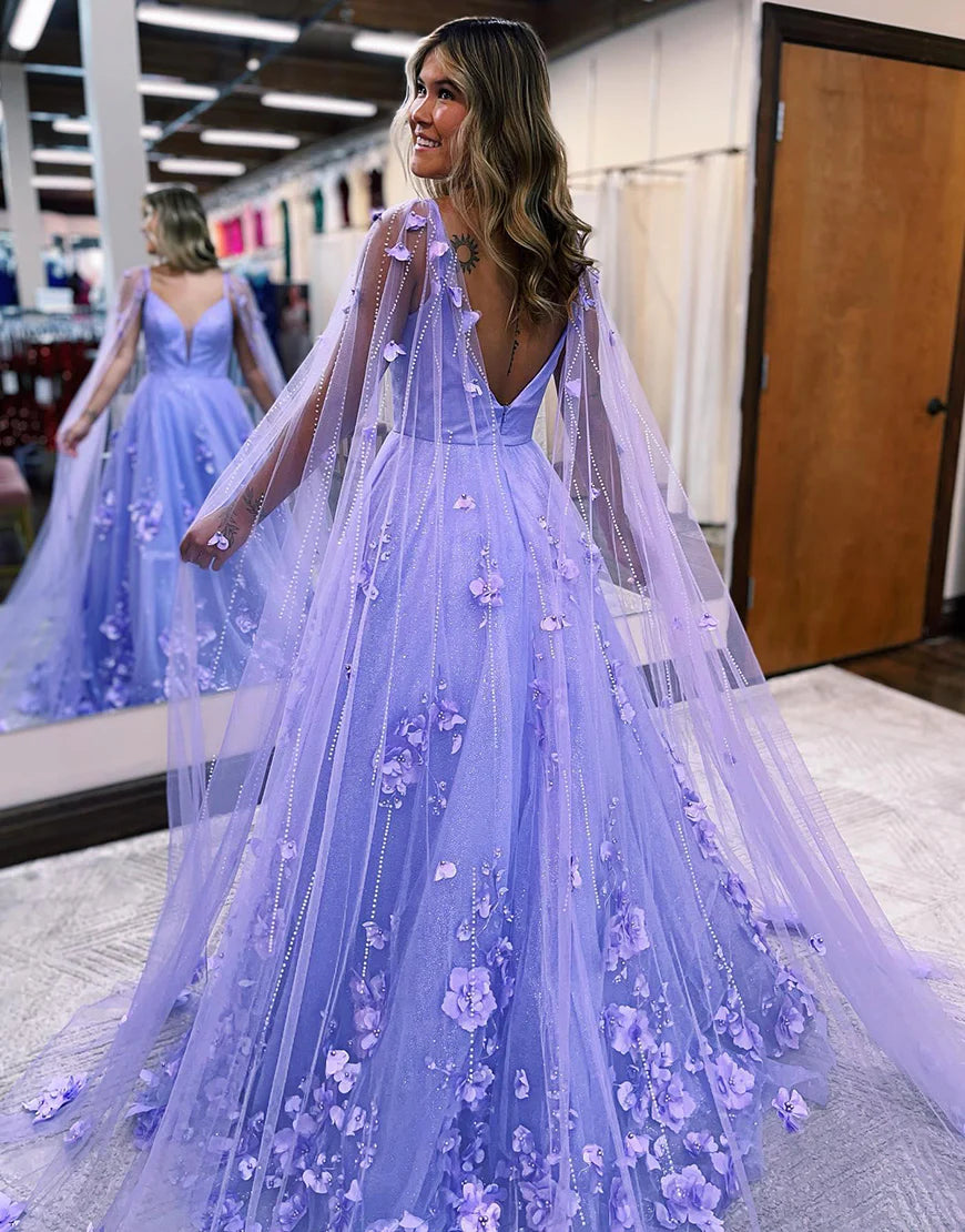Lavender Prom Dress with 3D Flowers