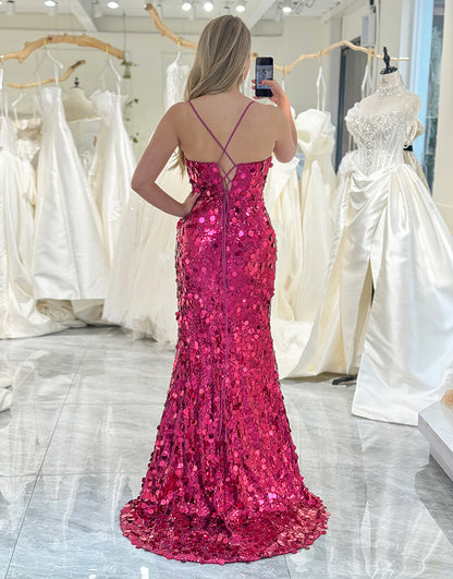 Sparkly Fuchsia Mermaid Corset Long Prom Dress With Slit