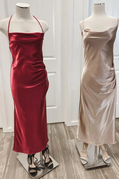 Burgundy Halter Spaghetti Cowl Neck Column Pleats Bridesmaid Dress