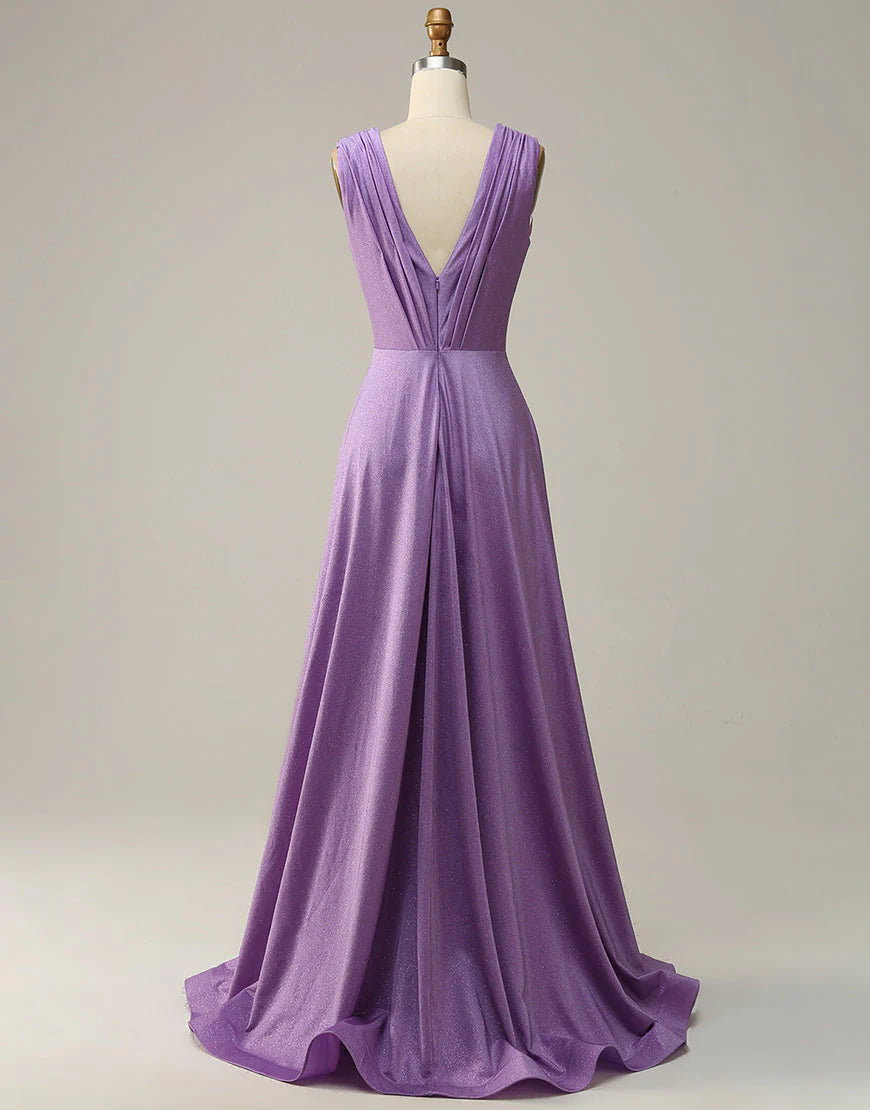 A Line Deep V Neck Purple Sleeveless Long Prom Dress