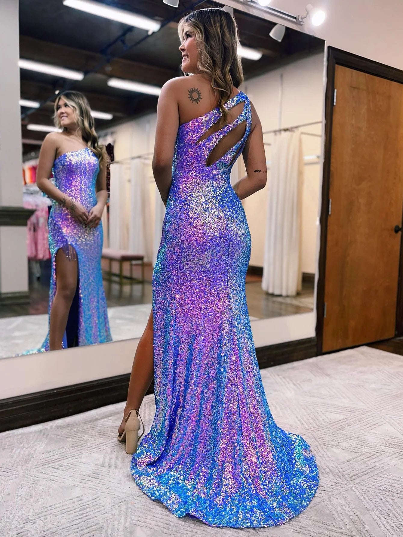 Mermaid One Shoulder Sequin Prom Dress with Slit