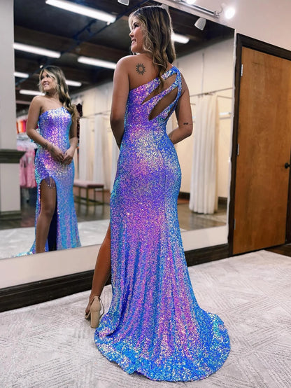Mermaid One Shoulder Sequin Prom Dress with Slit
