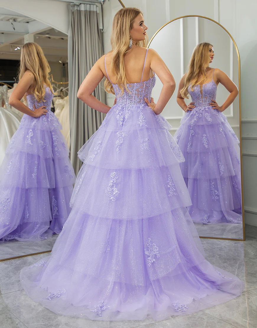 A Line Appliqued Long Prom Dress With Slit