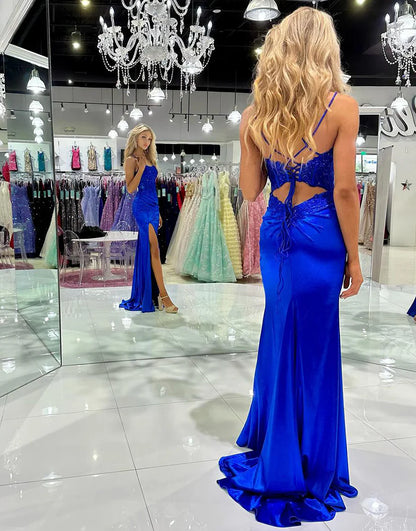 Mermaid Appliqued Lace-Up Long Prom Dress With Slit