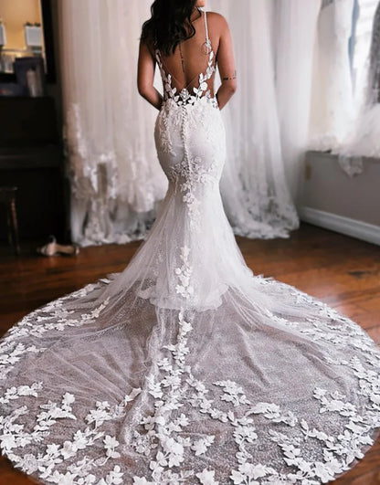 Mermaid Spaghetti Straps Ivory Open Back Long Bridal Dress