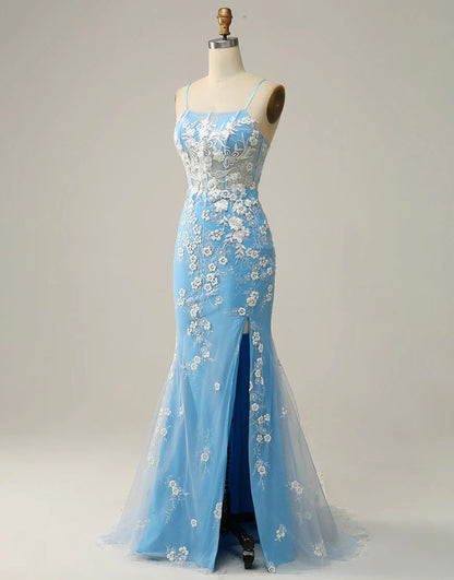 Mermaid Spaghetti Straps Blue Long Prom Dress with Appliques