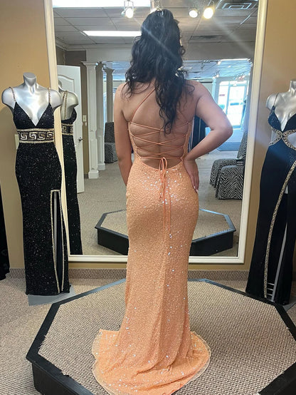 Sheath Halter Sparkly Long Prom Dress With Cirss Cross Back