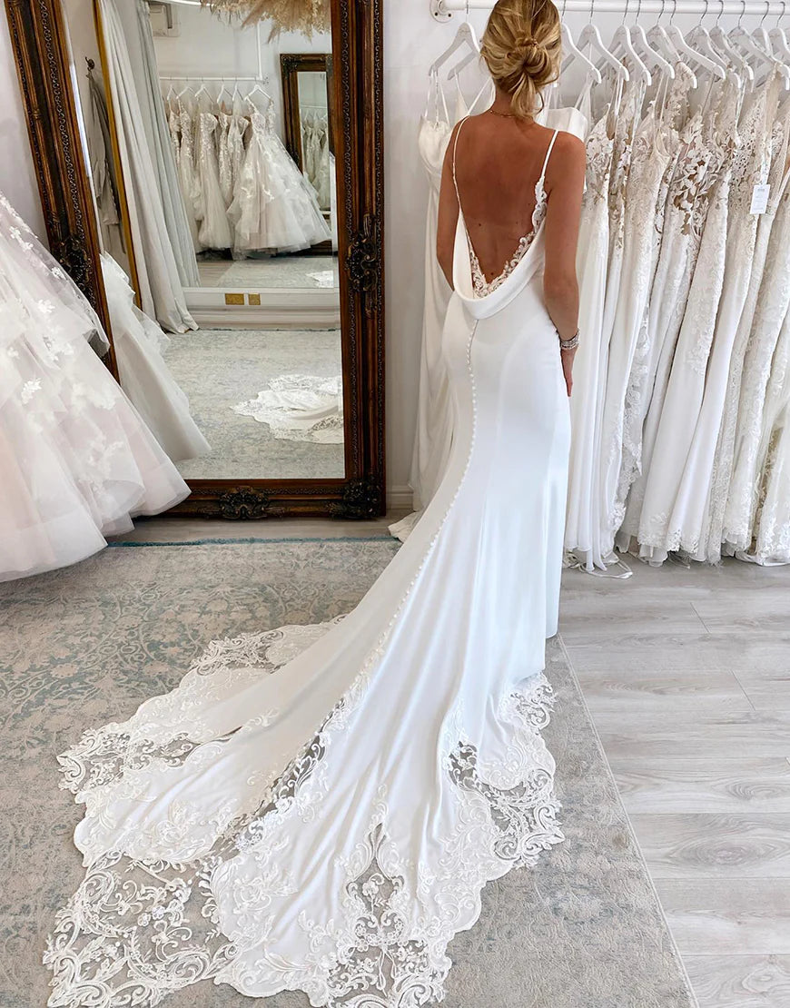Spaghetti Straps Long Mermaid Boho Wedding Dress with Lace