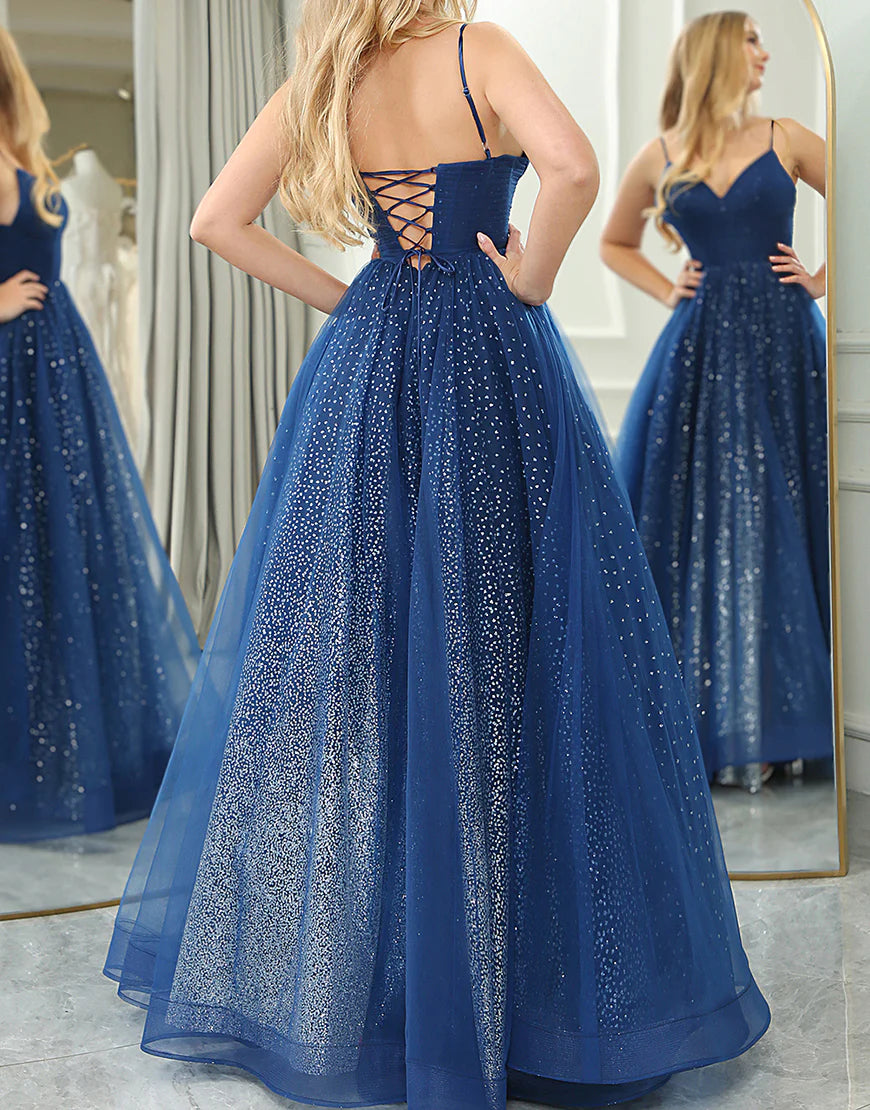 Sparkly Navy A Line Long Prom Dress With Slit