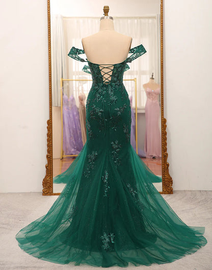 Stylish Mermaid Off the Shoulder Dark Green Corset Prom Dress with Split Front