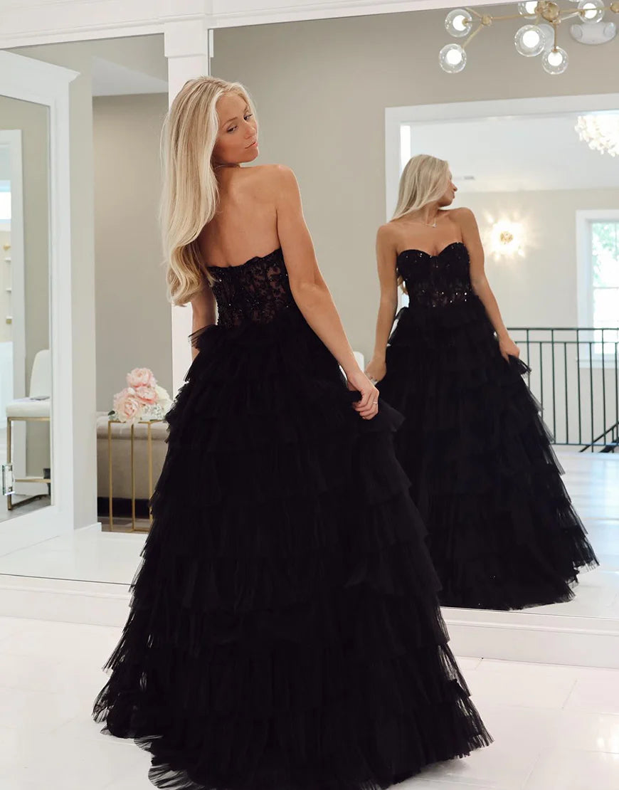 Tulle Strapless Long Prom Dress With Applique