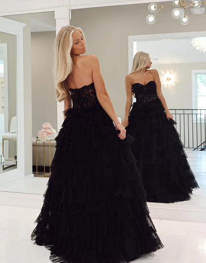 Tulle Strapless Long Prom Dress With Applique