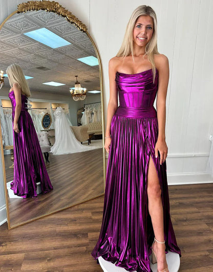 A Line Satin Cute Long Prom Dress With Slit
