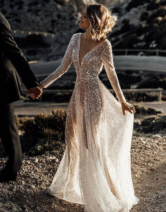 Sequin Long Sleeve Wedding Dress