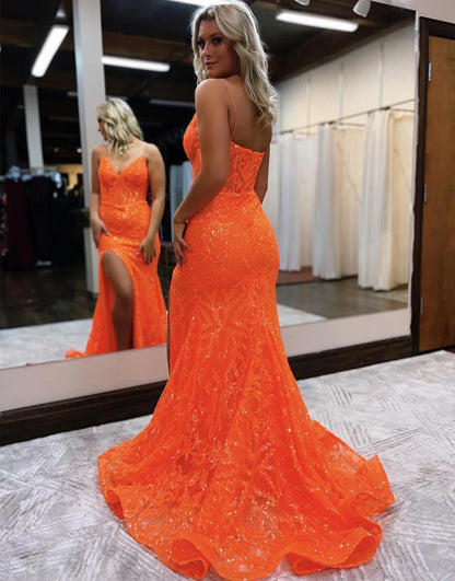 V-neck Glitter Slit Prom Dress