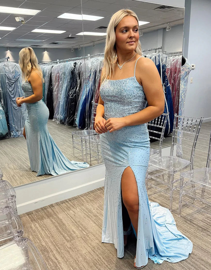 Sparkly Blue Long Mermaid Prom Dress With Split