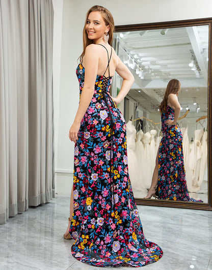 Flower Mermaid Spaghetti Straps Embroidered Prom Dress With Slit