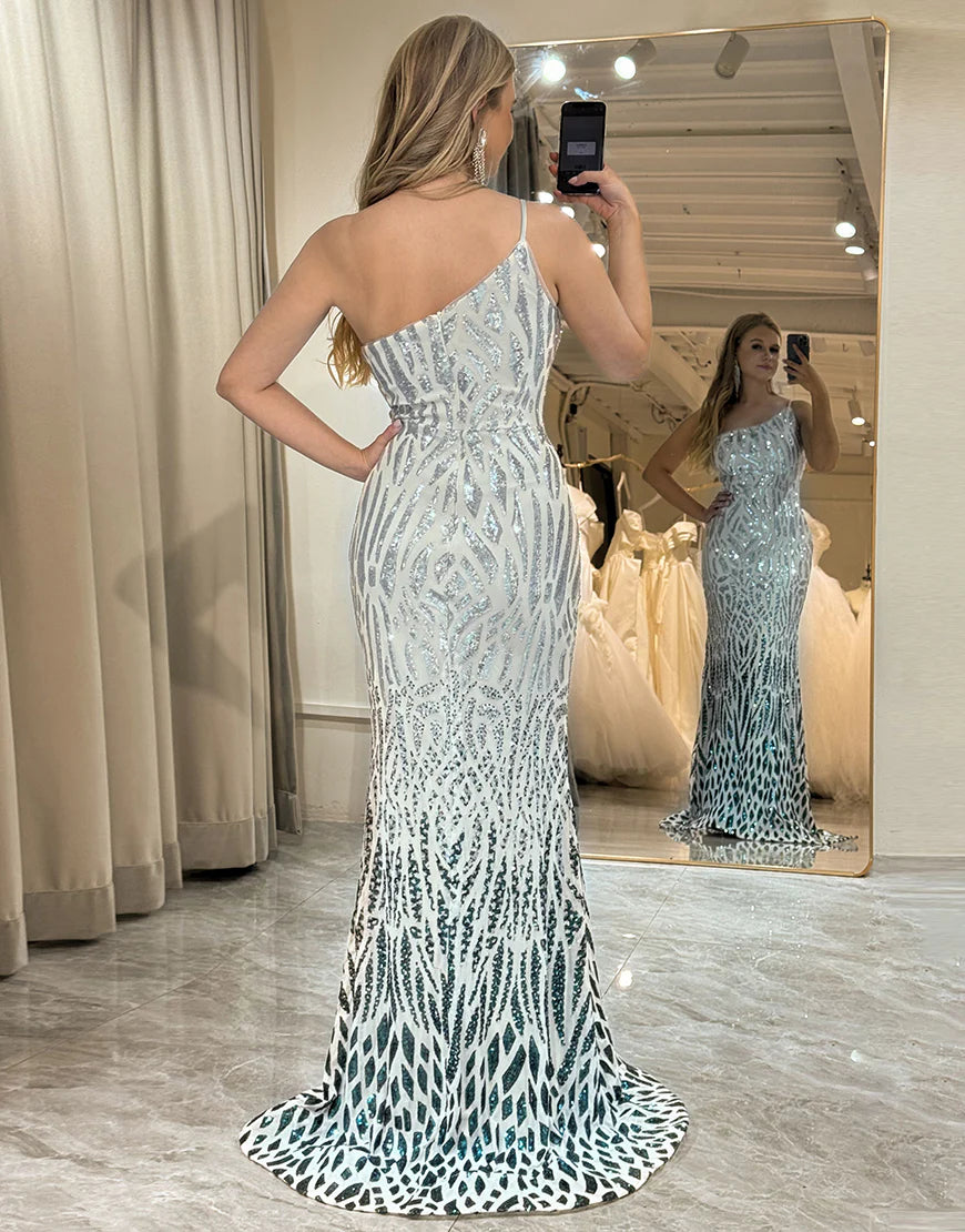 Sparkly Dark Green Sequins Mermaid One Shoulder Long Prom Dress