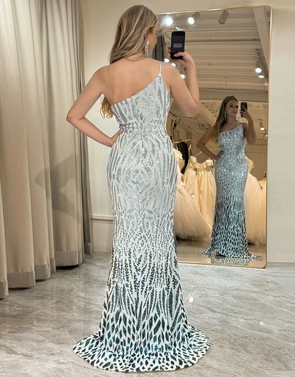 Sparkly Dark Green Sequins Mermaid One Shoulder Long Prom Dress