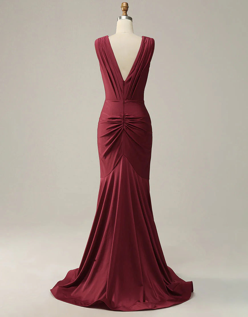 Mermaid Deep V Neck Burgundy Sleeveless Long Prom Dress